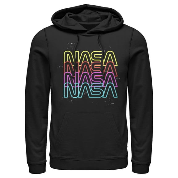 Men's NASA Neon Rainbow Repeat Text Logo  Pull Over Hoodie Black Large