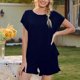 thumbnail image 2 of Conjunto de pijamas cortos para mujer, suave, agradable a la piel, transpirable, cuello redondo, manga corta, pantalones cortos, pijamas, conjunto informal para el hogar, azul oscuro L, 2 of 6
