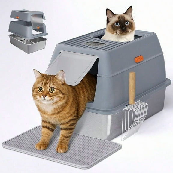 Stainl Steel Litter Box with Lid 8 Deep Pan Extra Large Litter Box for Big Cats AntiLeakage Odor Free Front Top Dual Entry Includes Litter Mat Metal Scoop
