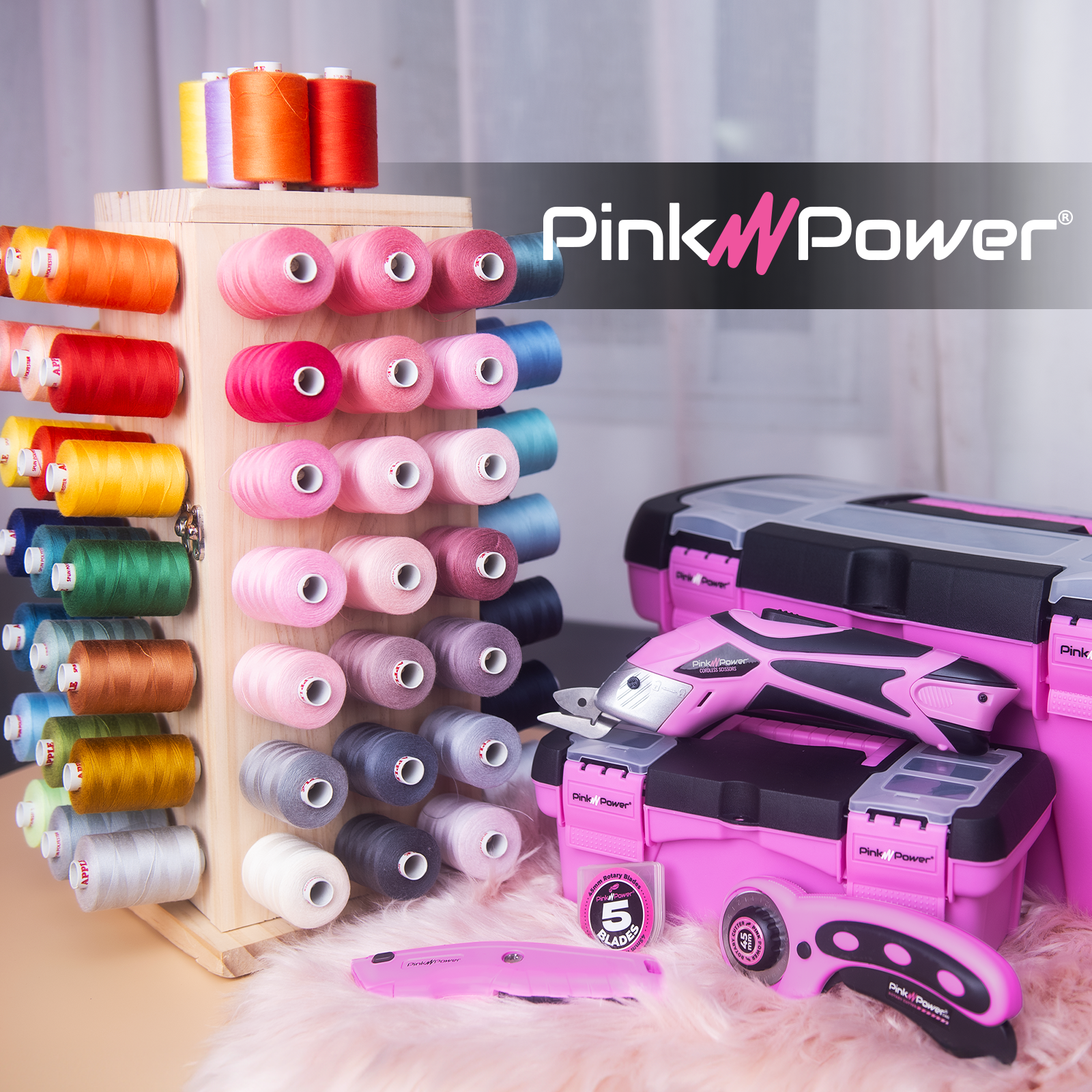 Pink Power 84 Spools Thread Holder Stand - 360° Full Rotating 15" Wooden Thread Rack Sewing Accessories Organizer