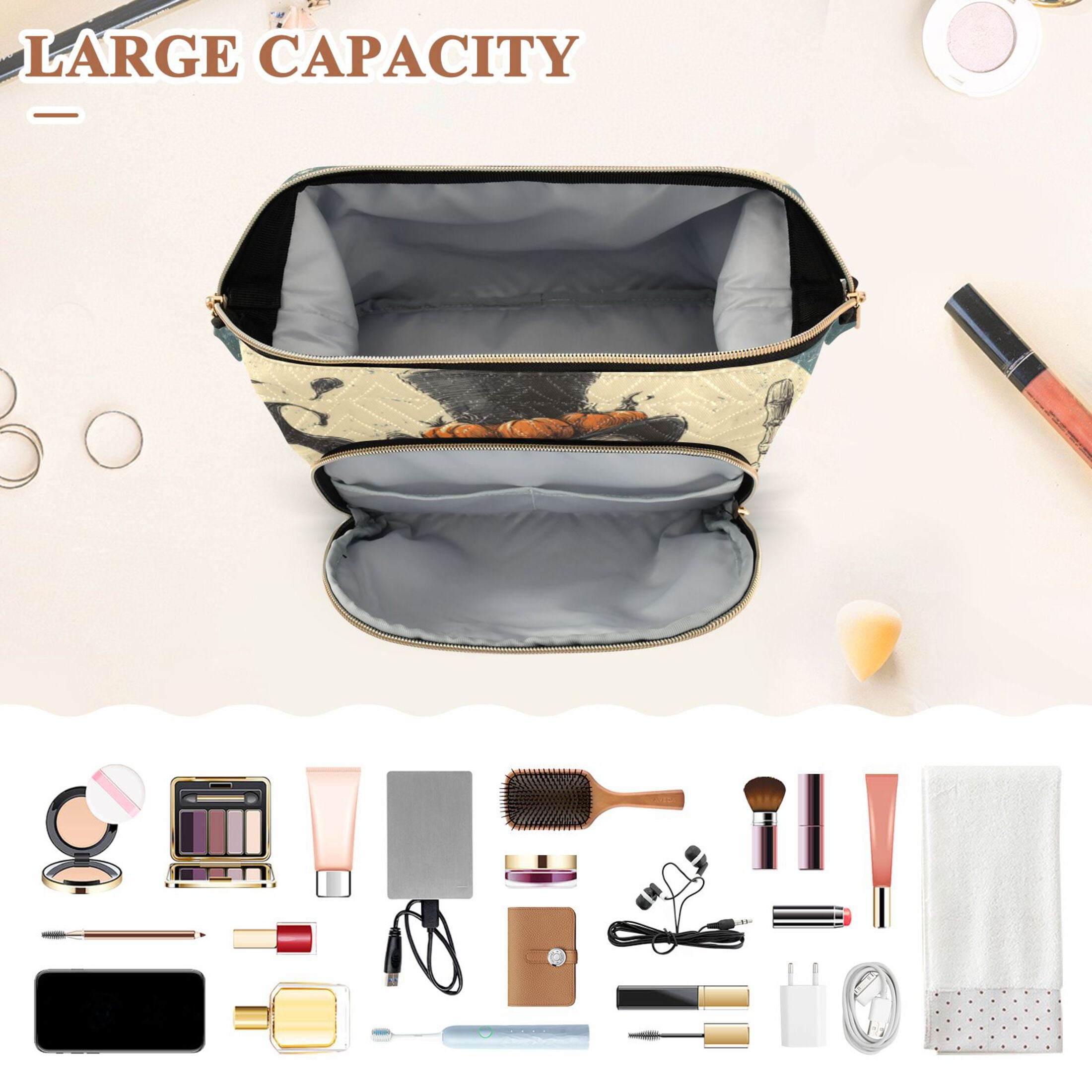 Wavy Quilted Cosmetic Bag Large-Capacity Travel Toiletry Organizer Includes 9-Piece Portable Travel Bottle Set Evil Skeleton Wizard