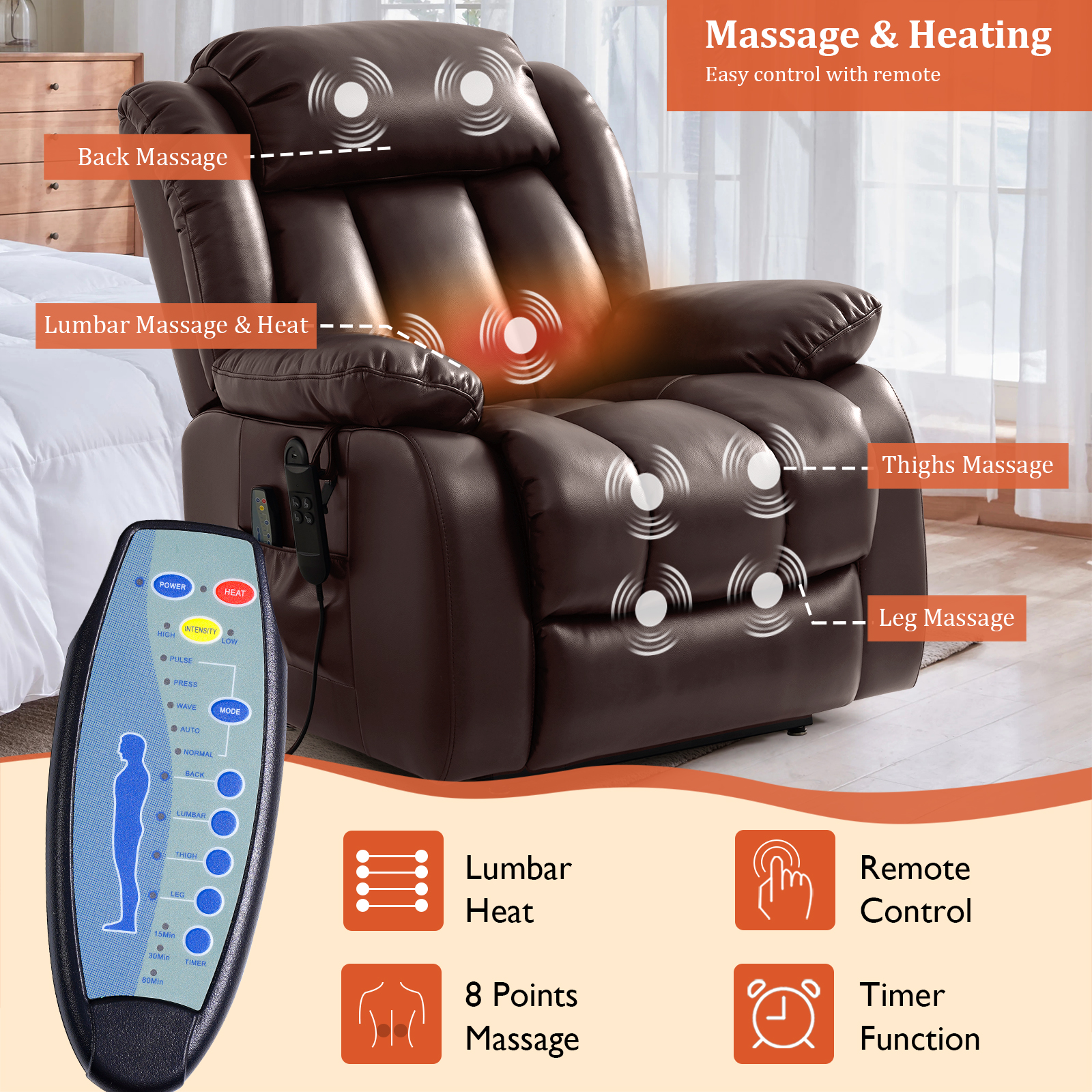 TEKAMON Infinite Position Lift Recliner Chair for Elderly with Heat and Massage Lay Flat Sleeping Leather Dual Motor Power Lift Chair for Living Room (Brown) - image 3 of 12