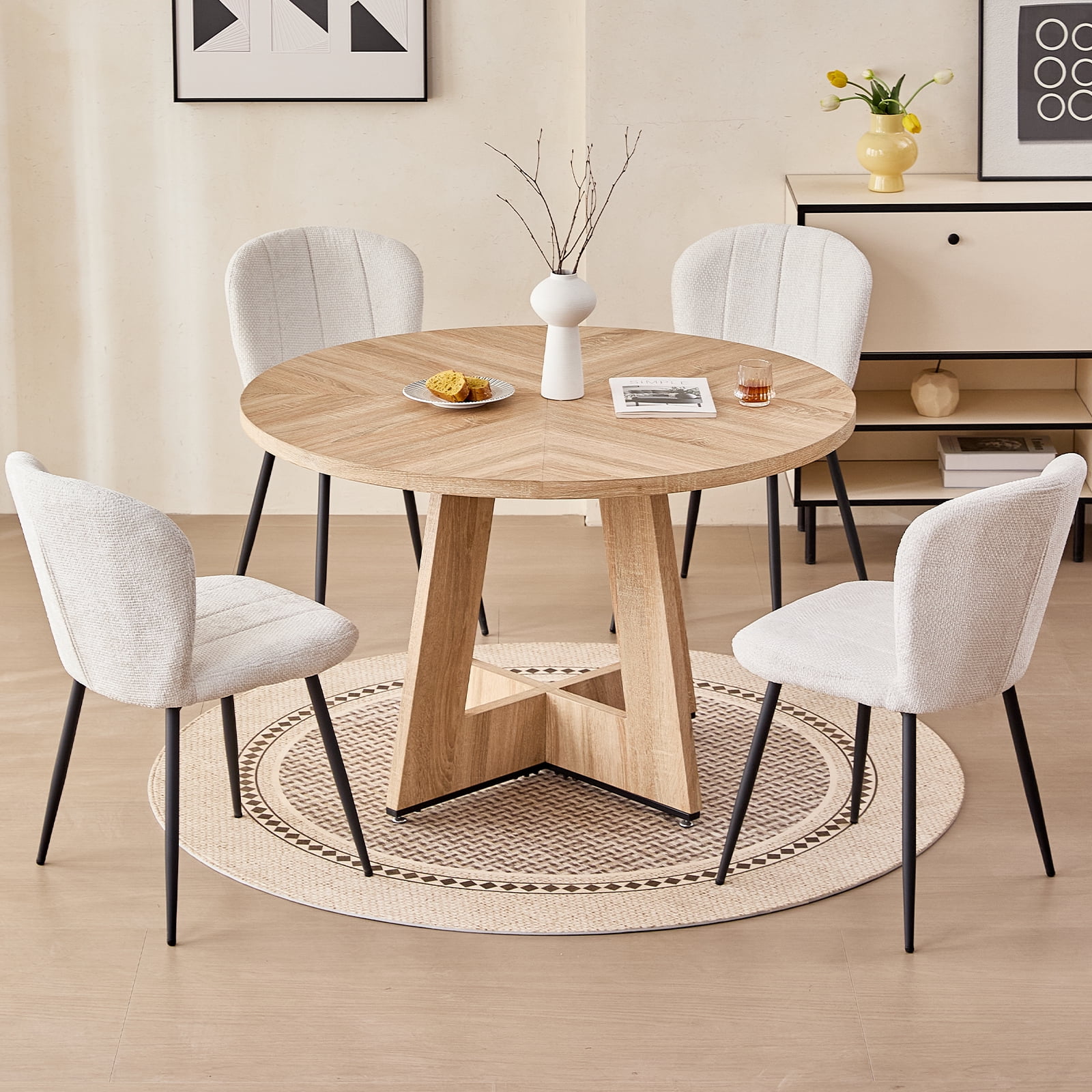 47 inch Round Dining Table, Farmhouse Circle Kitchen Table, Large Wood Dinner Table for 4, Wooden Pedestal Dinning Table for Dining Room, Mid Century Modern Style, Natural