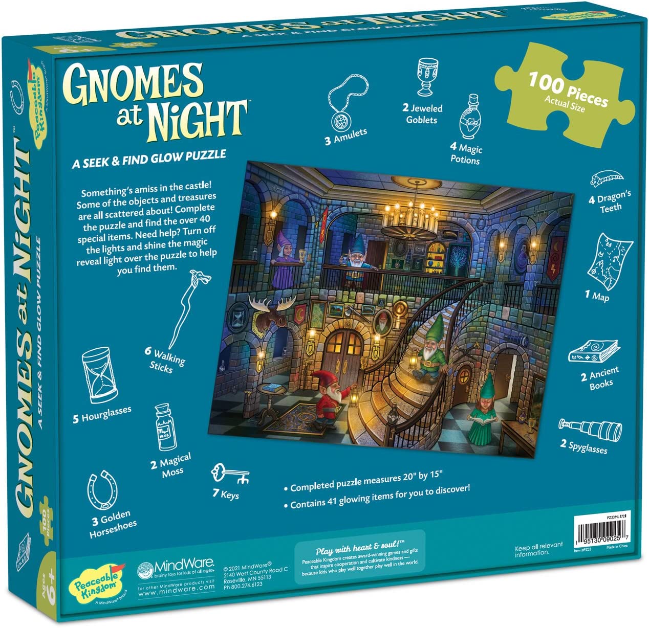 Peaceable Kingdom Gnomes at Night Puzzle, 100-Pc. Seek & Find Glow Puzzle for Kids Ages 6 & Up, Included Blacklight Reveals Hidden Items, Great for Home or Classrooms