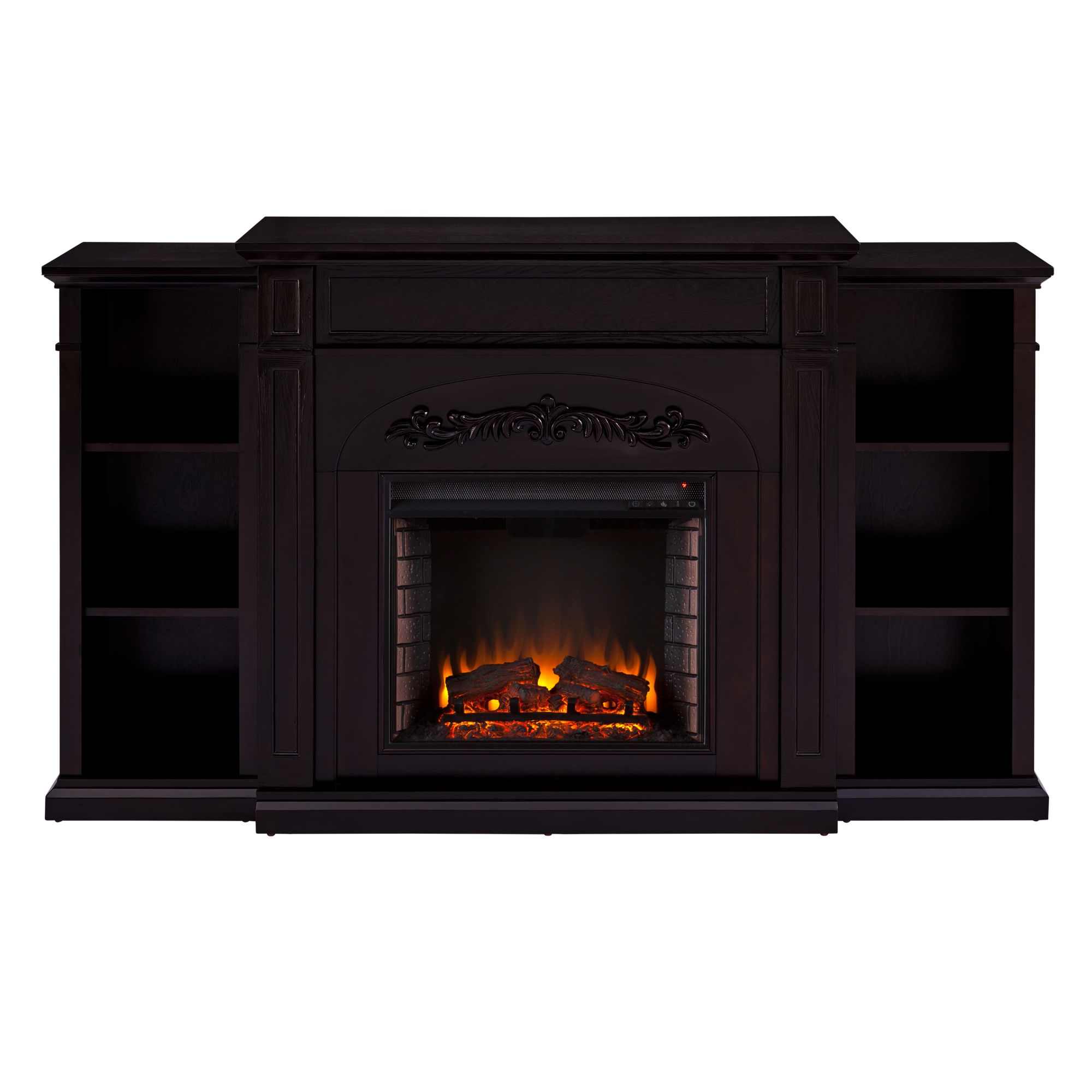 72.5" Black Traditional Electric Fireplace with Bookcases