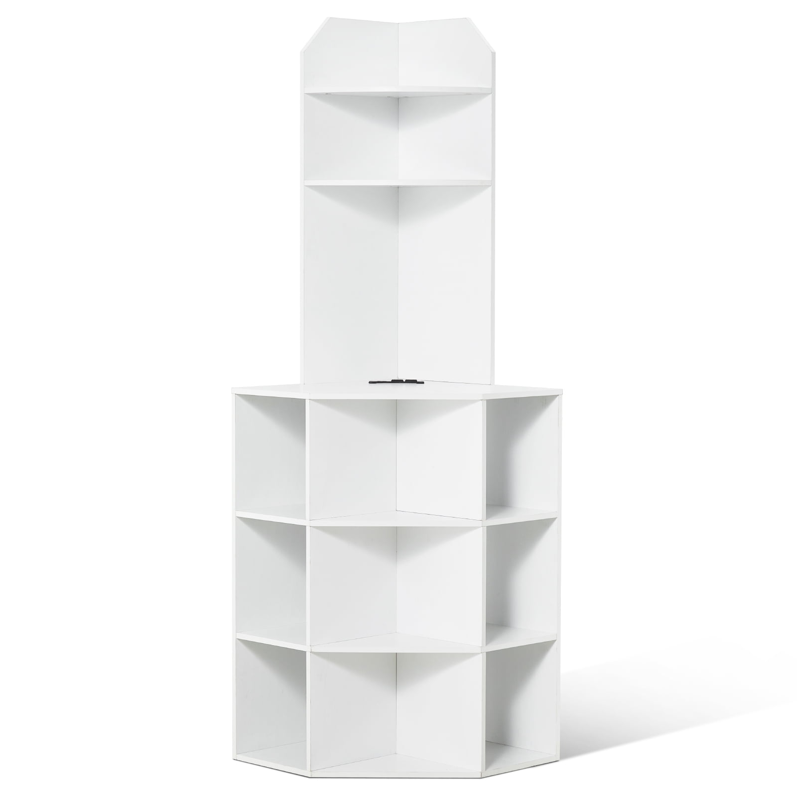 KFFKFF 64" Height Corner Utility Cabinet, 6 Layer Wood Storage Cabinet with USB Connectivity and Power Outlets & Flexible Shelves, Independent Corner Unit for Living Area, Laundry Space, White