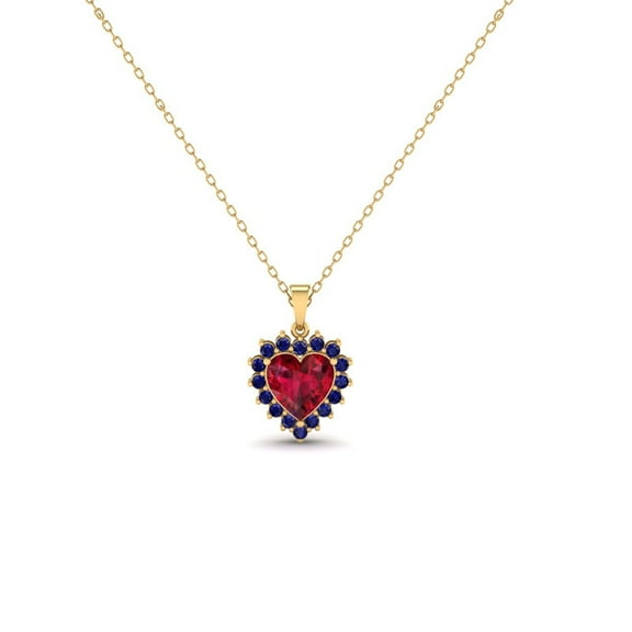 Pure Elegance Halo Heart Shape Ruby and Blue Sapphire Stone 925 Silver 14K Rose Gold Over Pendant Necklace For Women
