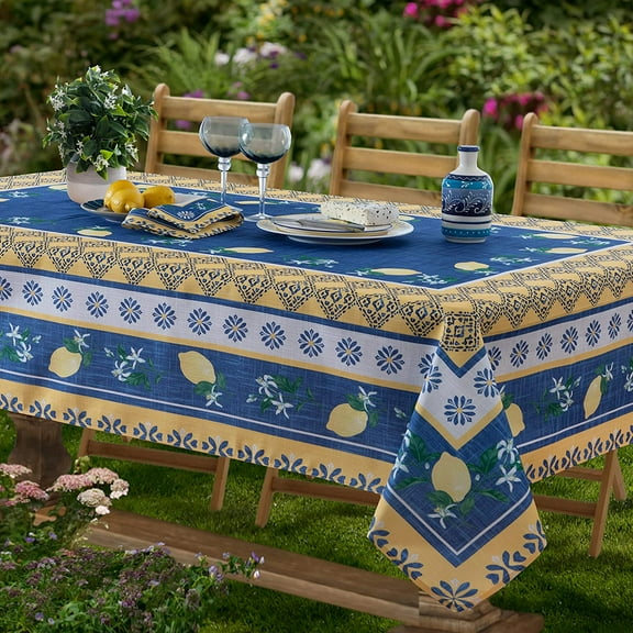 Home Bargains Plus Square Fabric Tablecloth, 52 x 52 Inch, Blue Lemon Garden, Indoor Outdoor Stain and Water Resistant Fabric Table Cloth, Mediterranean Orchard