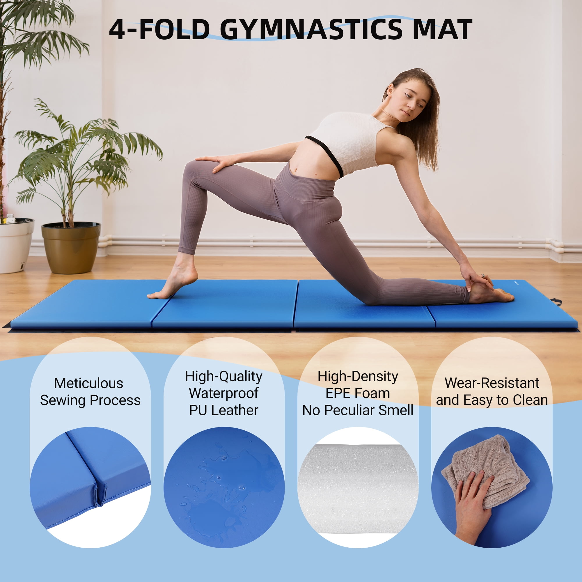 Signature Fitness 4ft x 10ft x 3in Folding Gymnastics Mat, 4-Panel Extra Thick Exercise Mat with Handles, PVC Leather + EPE Foam, Multiple Colors