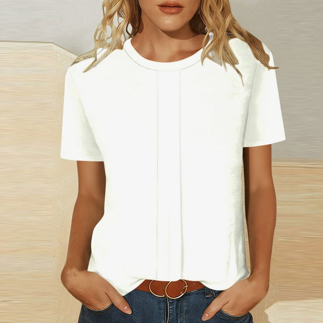 HongQid Womens Tops Summer Short Sleeve Crewneck Pleated T Shirts Fashion Basic Tee