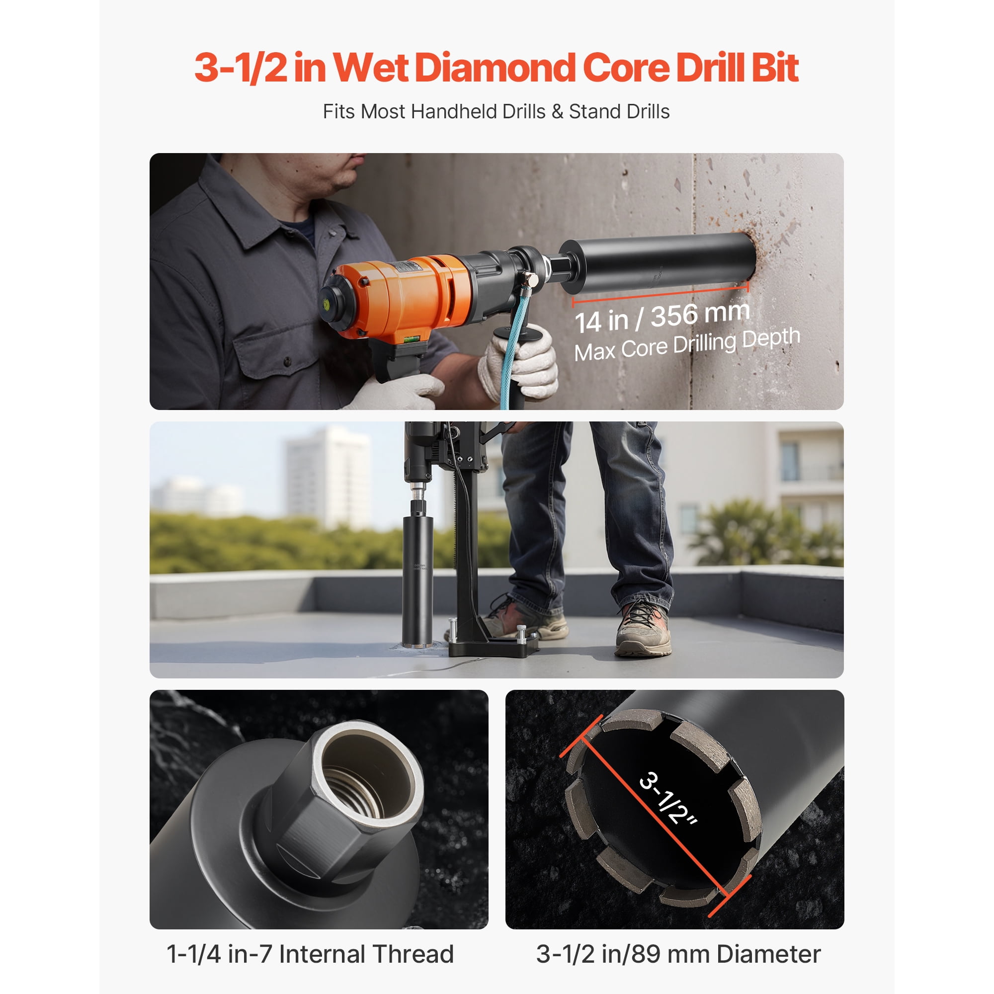KFFKFF 3-1/2 inch Diamond Core Drill Bit, 14 inch Depth, 1-1/4 in-7 Thread, Durable Wet Core Bit for Concrete, Brick, and Masonry Applications