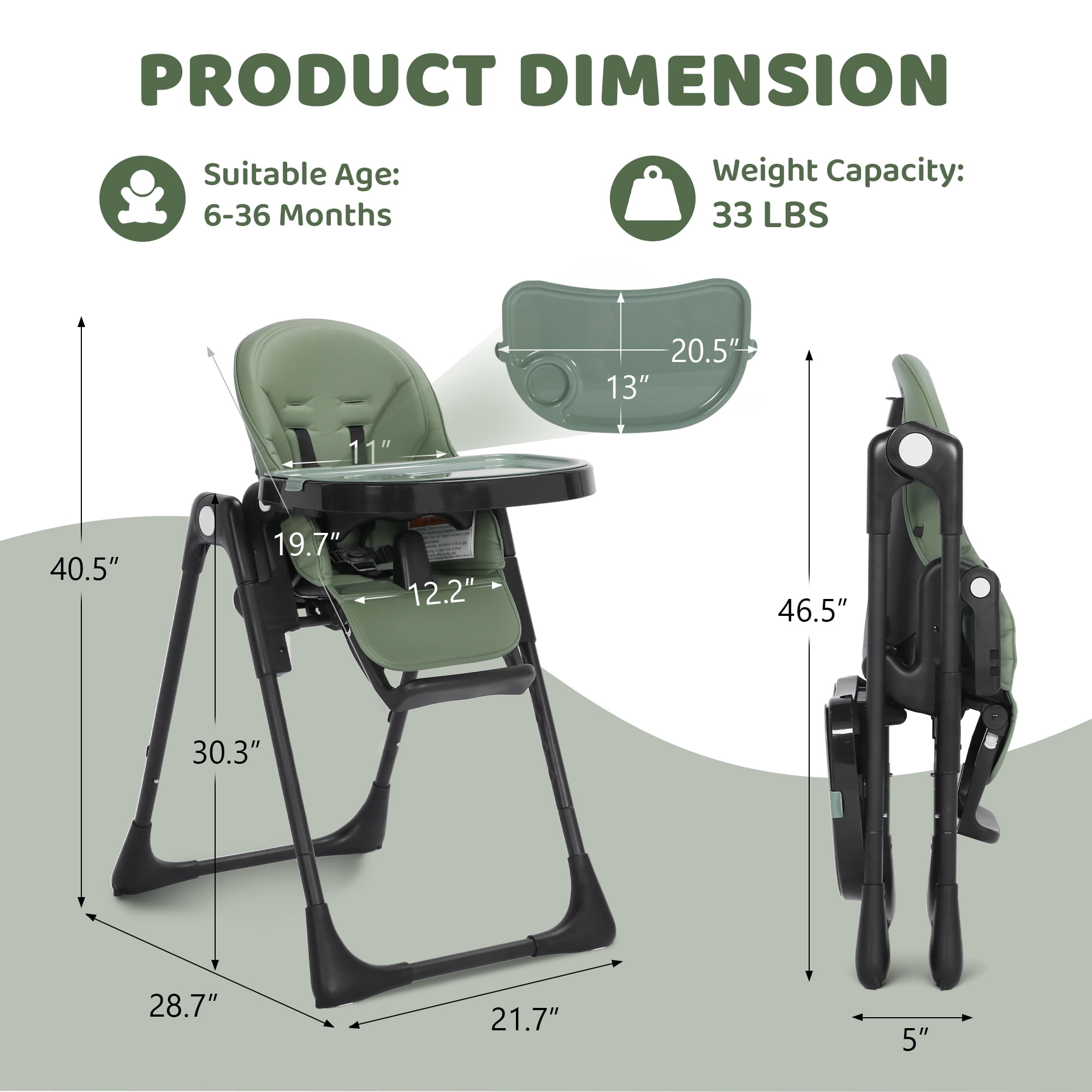 AILEEKISS Foldable High Chair for Baby, Toddler Eating Chair with Detachable Double Trays, Green