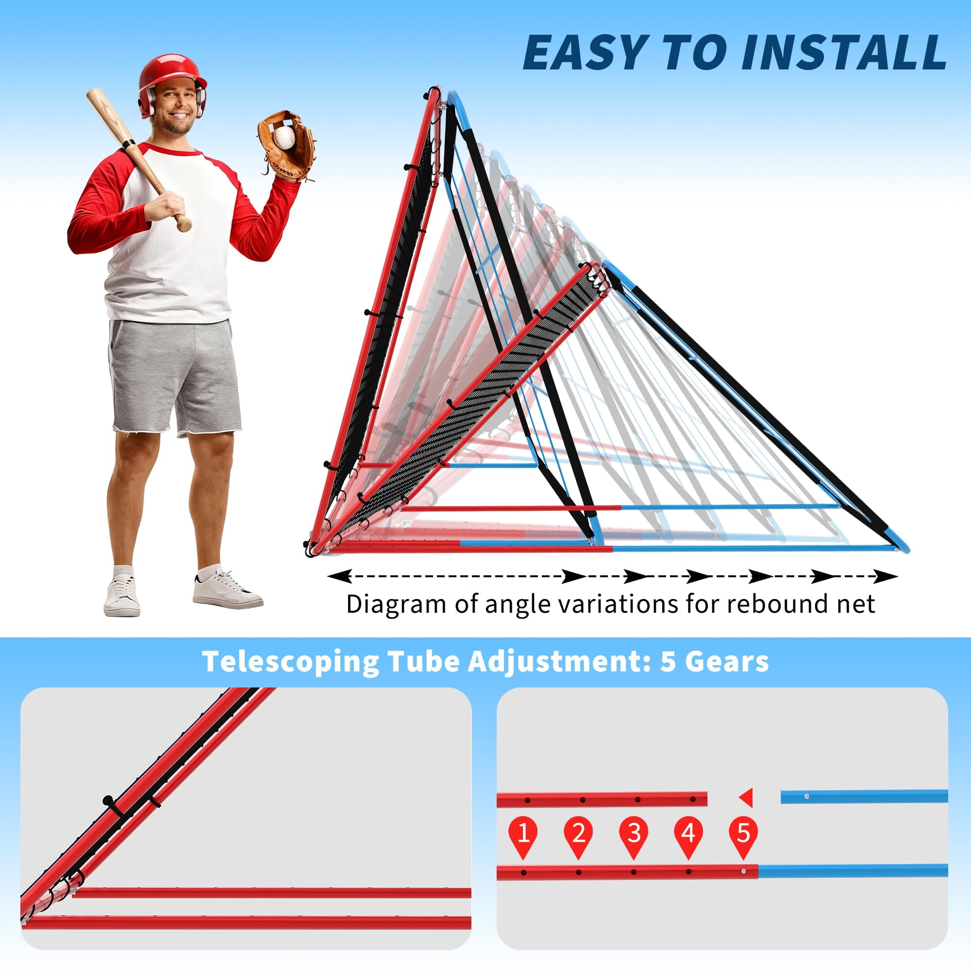 Baseball Rebounder Net, 4x4.5FT 5 Adjustable Angles Baseball Bounce Back Net with UV Resistant, Pitchback Trainer for Ground, Line Drive & Fly Balls