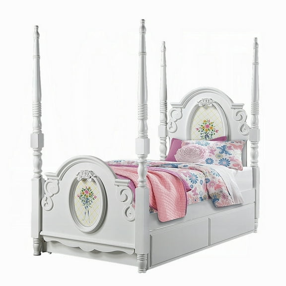 Auri Twin 4 Poster Princess Bed, Classic Arched Headboard, White Wood