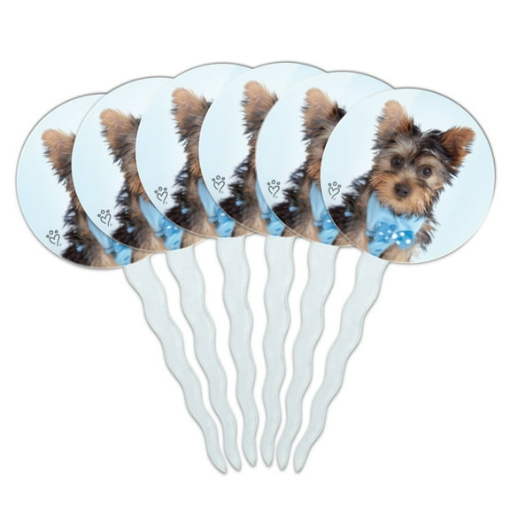 Yorkie Yorkshire Terrier Puppy Dog Blue Bow Tie Cupcake Picks Toppers Decoration Set of 6