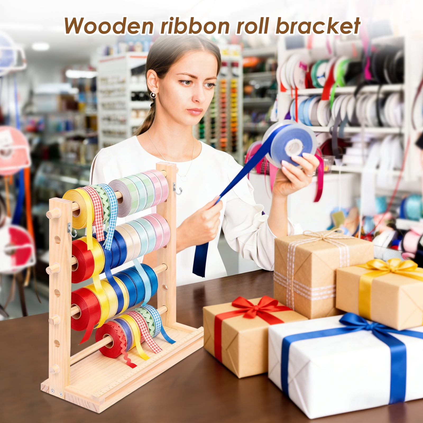 Threns Wooden Ribbon Storage Rack,4 Tier Ribbon Storage Organizer,Thread Washi Tape Spool Holder Organizer for Sewing Craft Wreath Crochet Roll Florist Arts Wrapping Gift,15.7"
