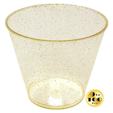 JL Prime 100 Gold Glitter Plastic Cups, 9 Oz Heavy Duty Reusable Disposable Gold Glitter Clear Plastic Cups, Old Fashioned Tumblers, Hard Plastic Drinking Cups for Party and Wedding