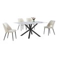 thumbnail image 1 of 5pc Marbre Blanc Enveloppé Table à Manger avec Verre Trempé et Chaises Beiges, 1 of 5