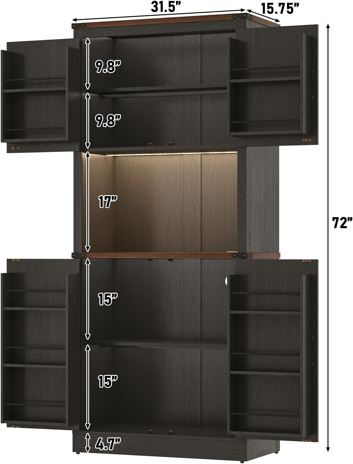 72" Tall Farmhouse Kitchen Pantry Cabinet with 10 Side Shelves and LED Light & Power Outlet, 5 Layers Pantry Storage Cabinet with Barn Doors&Load-Bearing Steel Pipe for Dining Room,Living Room