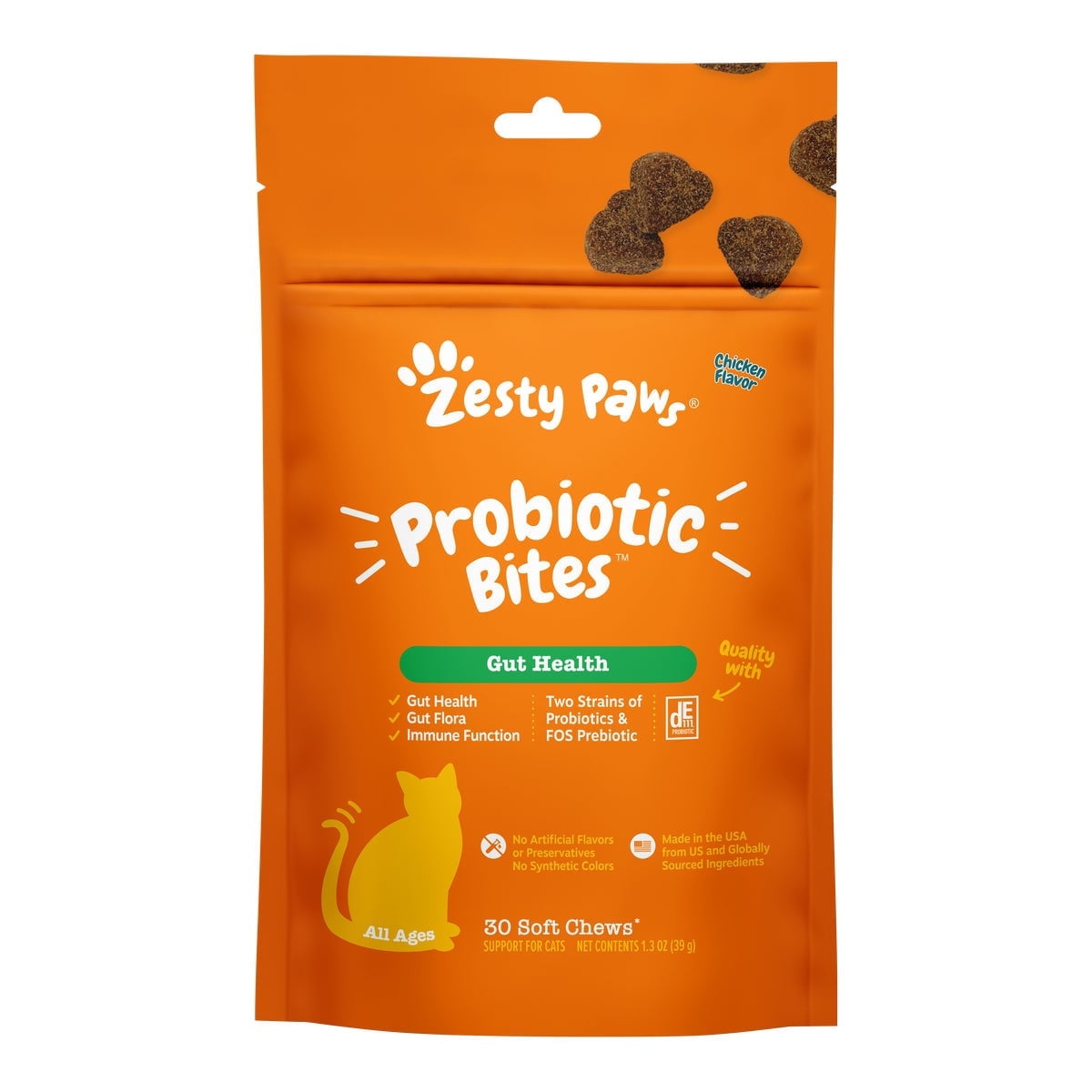 Zesty Paws Probiotic Bites for Cats, for Gut Health, Chicken, 30ct Pouch