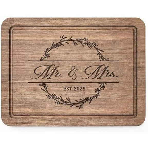 Wedding Gifts for Couples 2025, Bridal Shower Gifts- Walnut Wood Cutting Board Engraved with Mr. and Mrs. EST. 2025- Mr and Mrs/Wedding/Engagement Gift for Newlyweds Bride and Groom