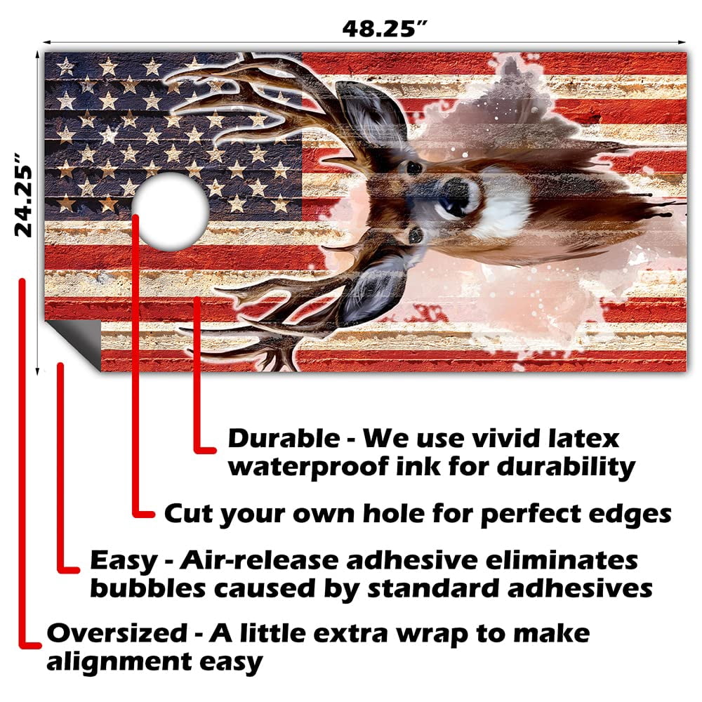 Cornhole Wraps for Boards Vinyl Decals (Set of 2) Deer and American Flag - Corn Hole Bean Bag Toss Wrap Stickers Skins (Boards Not Included) (Deer and American Flag)