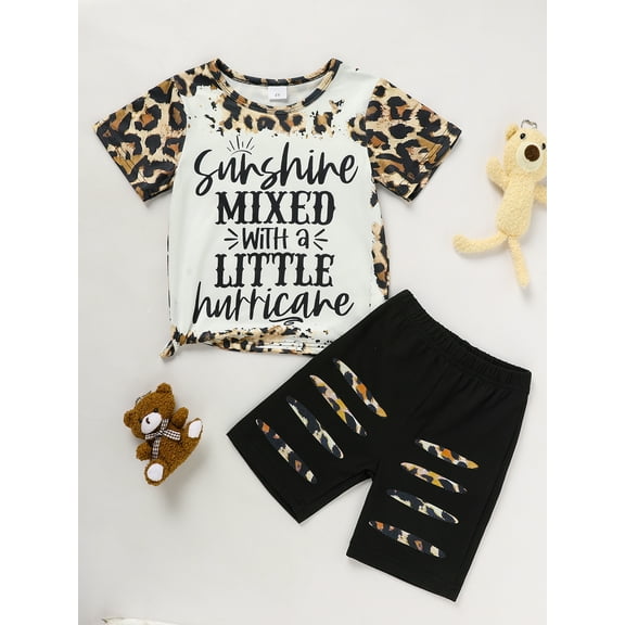 MORTTIC Toddler Girls Summer Outfits Leopard Print Spotted Short Sleeve Crewneck Shirt Top Shorts 2pcs Clothing Set