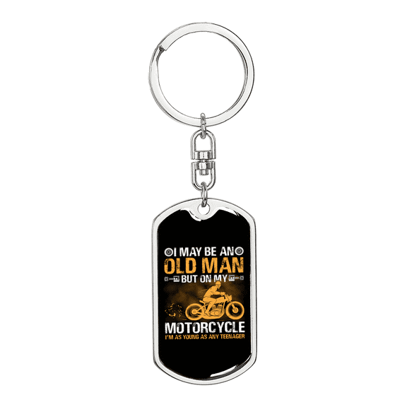Old Man On Motorcycle Biker Stainless Steel or 18k Gold Premium Swivel Dog Tag Keychain