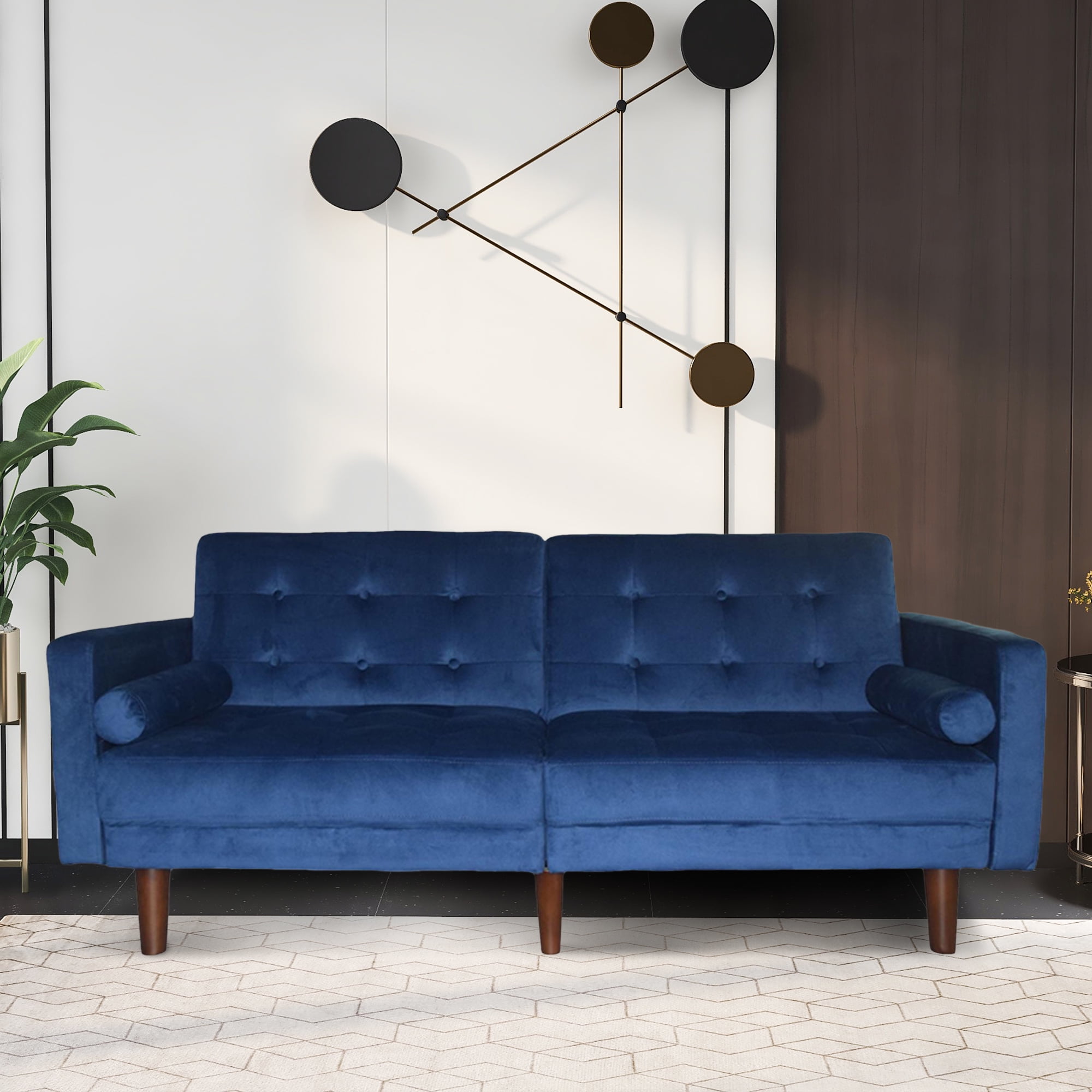 Blue Sofa Bed, Mid Century Modern Velvet Upholstered Tufted Futon Sofa