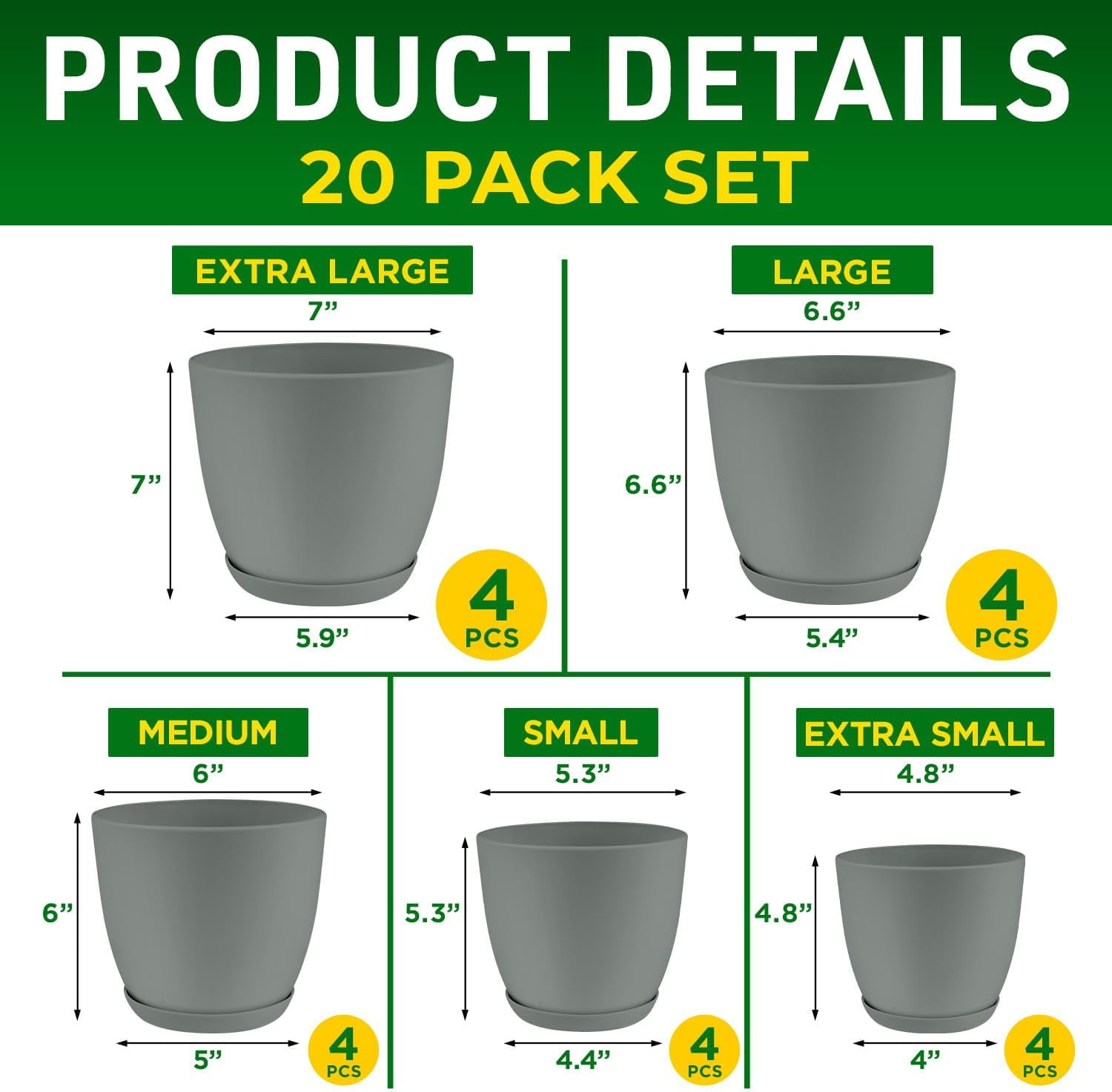 Lifemaster 20-Piece Gray Planter Pots with Drainage - Lightweight, Durable, Space-Saving Design for Indoor/Outdoor Use