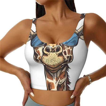 Adobk American Giraffe Style Print Sports Bras for Women Longline Workout Crop Tank Tops Padded with Built in Shelf Padded Sports Bra-Small