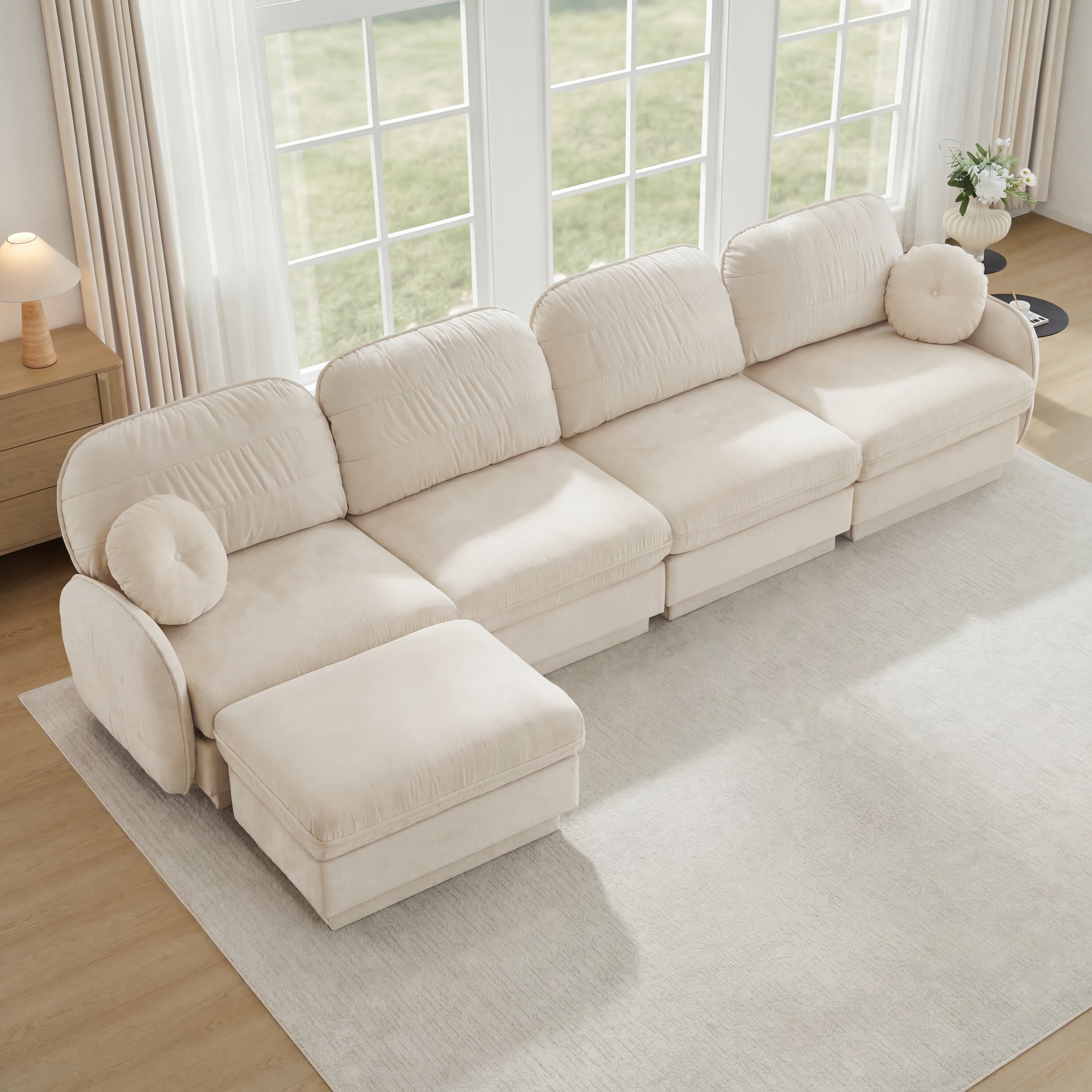Mintazer 137" Chenille Cloud 4-Seater Modular Sectional Sofa with Movable Ottoman & Round Pillows, L-Shaped Ergonomic Sofa Couch for Living Room, Apartment, Cream