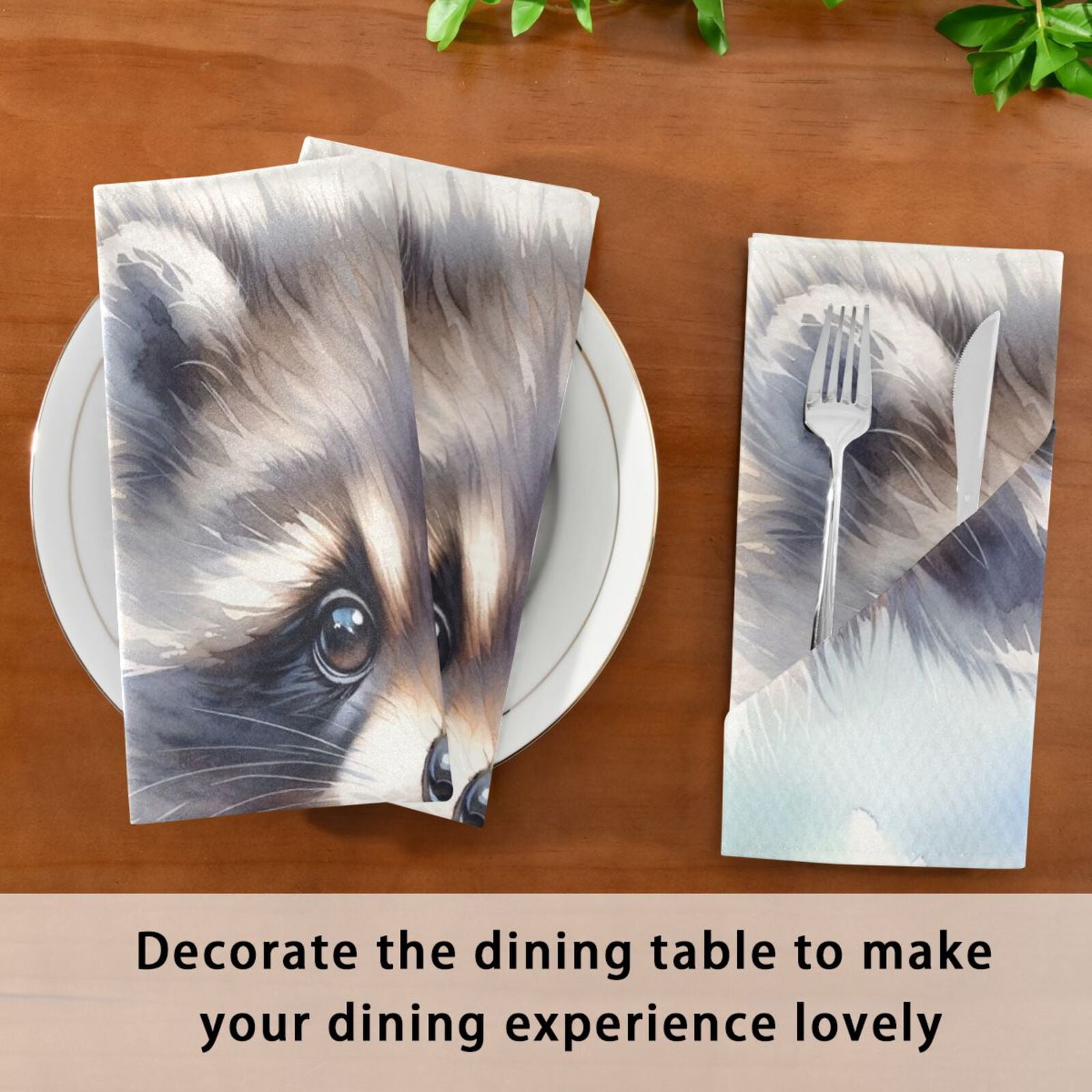 JSTEL Cute Raccoon Watercolor Cloth Napkins Set of 6, 20x20 Inch Washable and Reusable Napkin for Decoupage Dinner Party Everyday Use