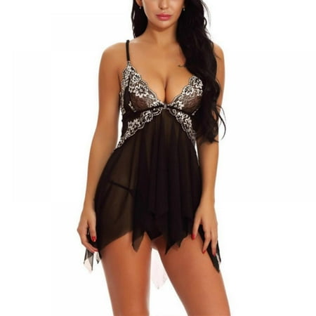 

Jolly Sling Pajamas Sexy Lingerie for Women Black Lace Bodysuit Set 2 Pieces Deep V Babydoll Chemise Nightgown Pajamas Sleepwear