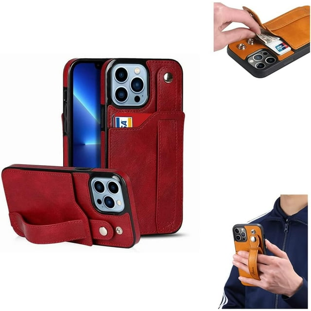 HUGFEGWE Étui Porte-Cartes 3-en-1 pour Bracelet de Poignet pour iPhone 13/13 Pro/13 Pro Max/12/12 Pro/12 Pro Max, Étui de Protection avec Sangle de Poignet et Dos. (pour iPhone 13 Pro, Rouge) CJB91-121138