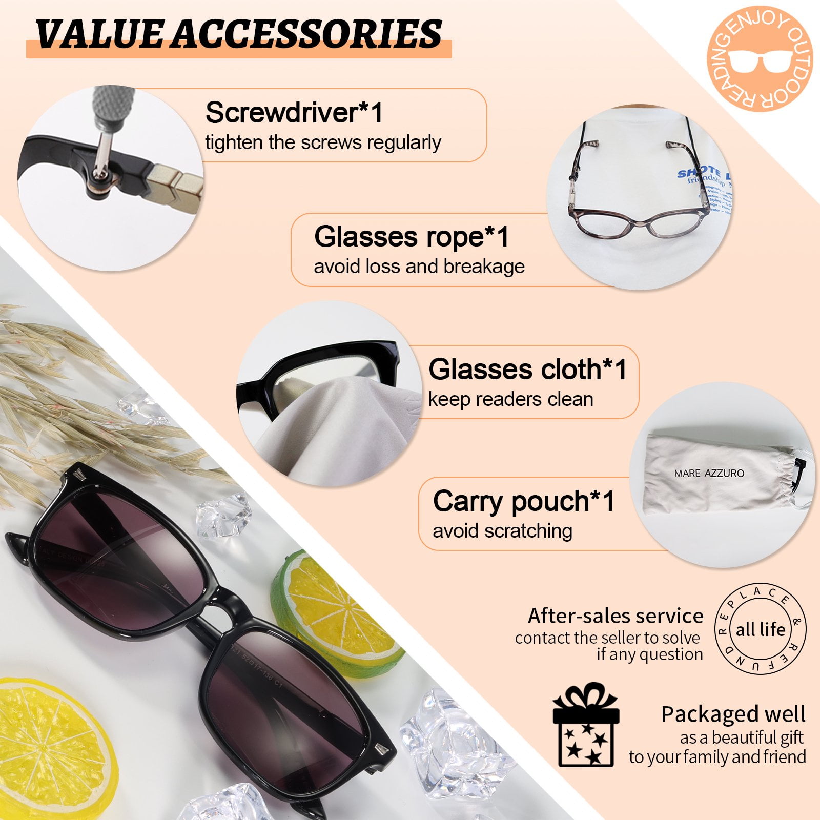 MARE AZZURO Reader Sunglasses for Women Sun Reading Glasses 100 125 150 175 200 225 250 275 300 350 400 (Black, 1.75)