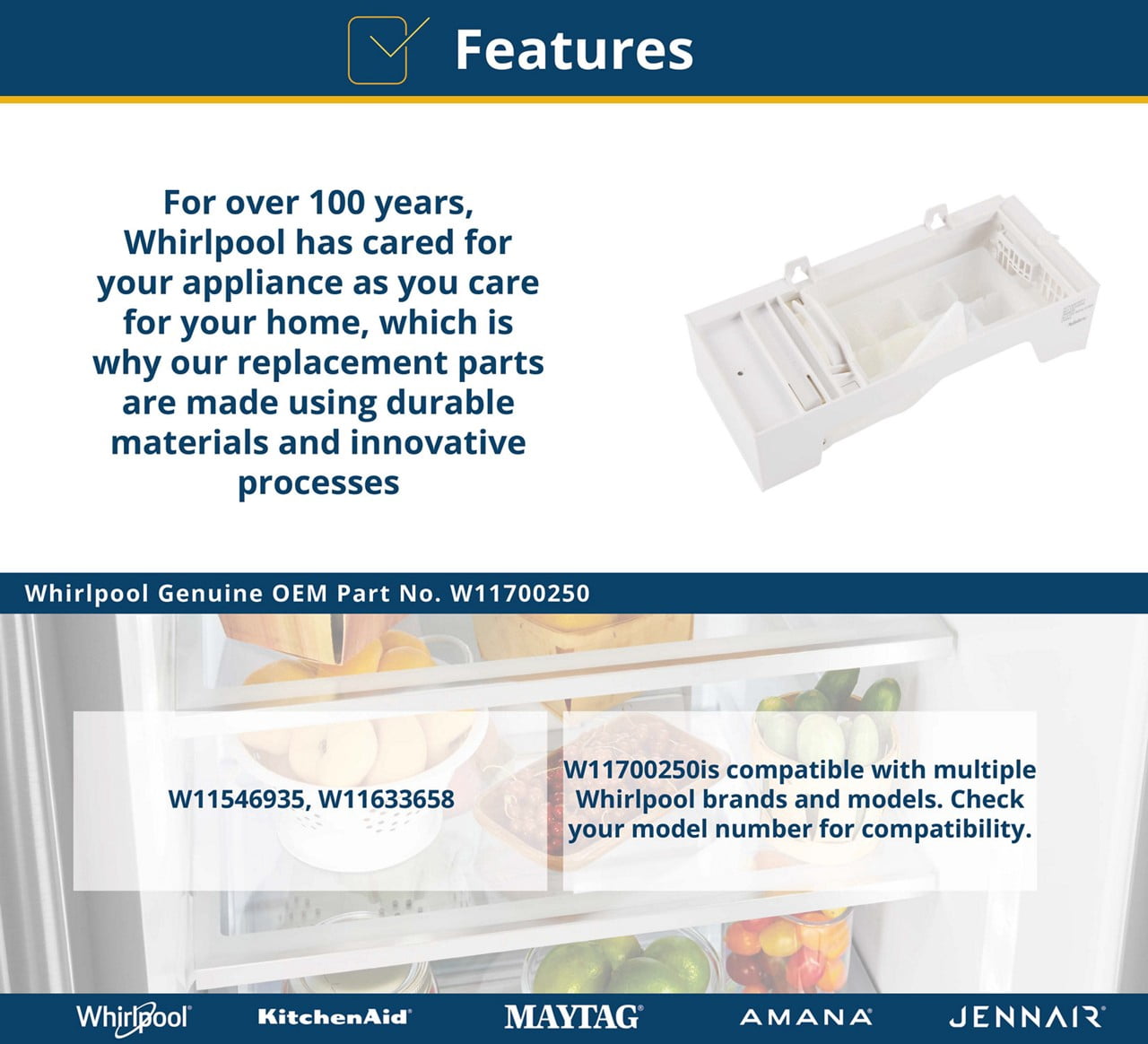Whirlpool W11700250 Genuine OEM Refrigerator Ice Maker Assembly Replacement Part - Replaces W11546935 and W11633658