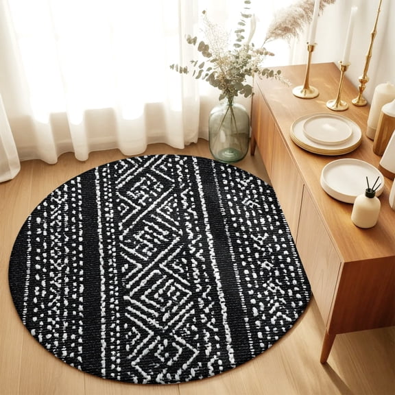 Round Rugs 4Ft, Boho Ethnic Round Area Rug Washable Indoor Throw Carpet, Black Tribal Abstract Motif Texture Soft Non Slip Circle Rug for Kitchen Nursery Room Home Decor Aesthetic