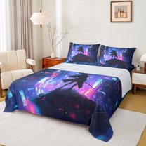 Feelyou Modern Tokyo Samurai Bed Sheets, Japanese City Scenes King Sheets, Cartoon Anime Warrior Sheet Set, Microfiber Bedroom Decor, 4 Pieces