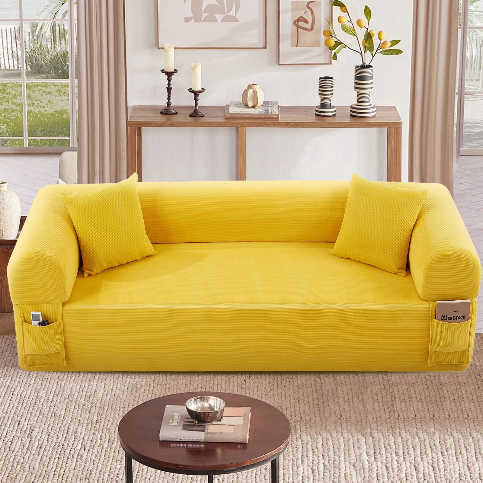 3-Seater Sofa, 83" No Assembly Deep Loveseat Couch in A Box, Spring & High-Elastic Sponge Filling Sofas with 2 Cushions & Side Storage Pockets for Living Room Apartment, Yellow