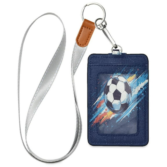 PU Leather ID Badge Holder Stylish Badge Holders with Lanyard (4.3x2.8x0.3in) for Cards & Credentials Soccer Ball in Space