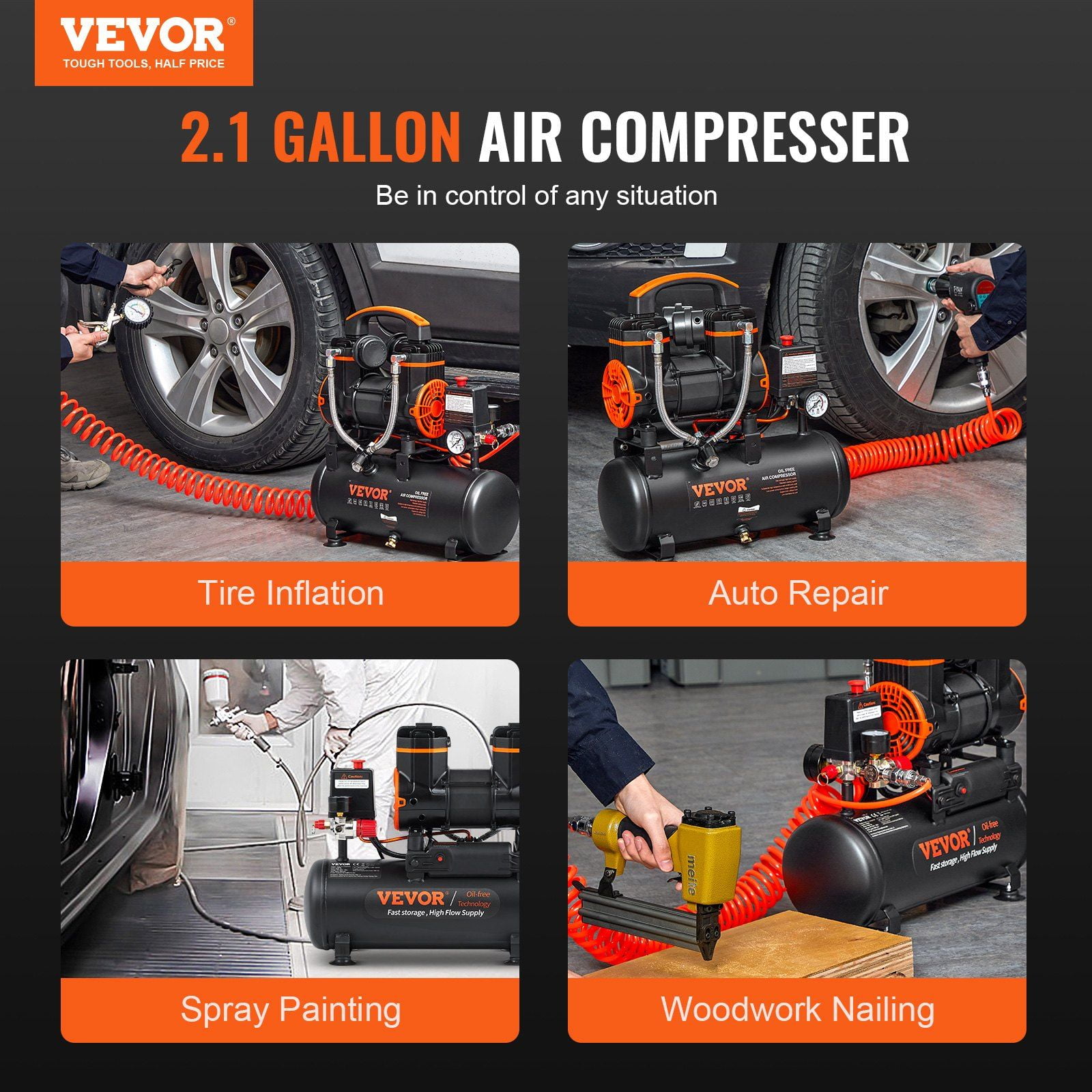 900W Ultra Quiet Oil-Free Air Compressor, 2.1 Gallon, 2.2 CFM @ 90 PSI, 70 dB for Home DIY & Inflating