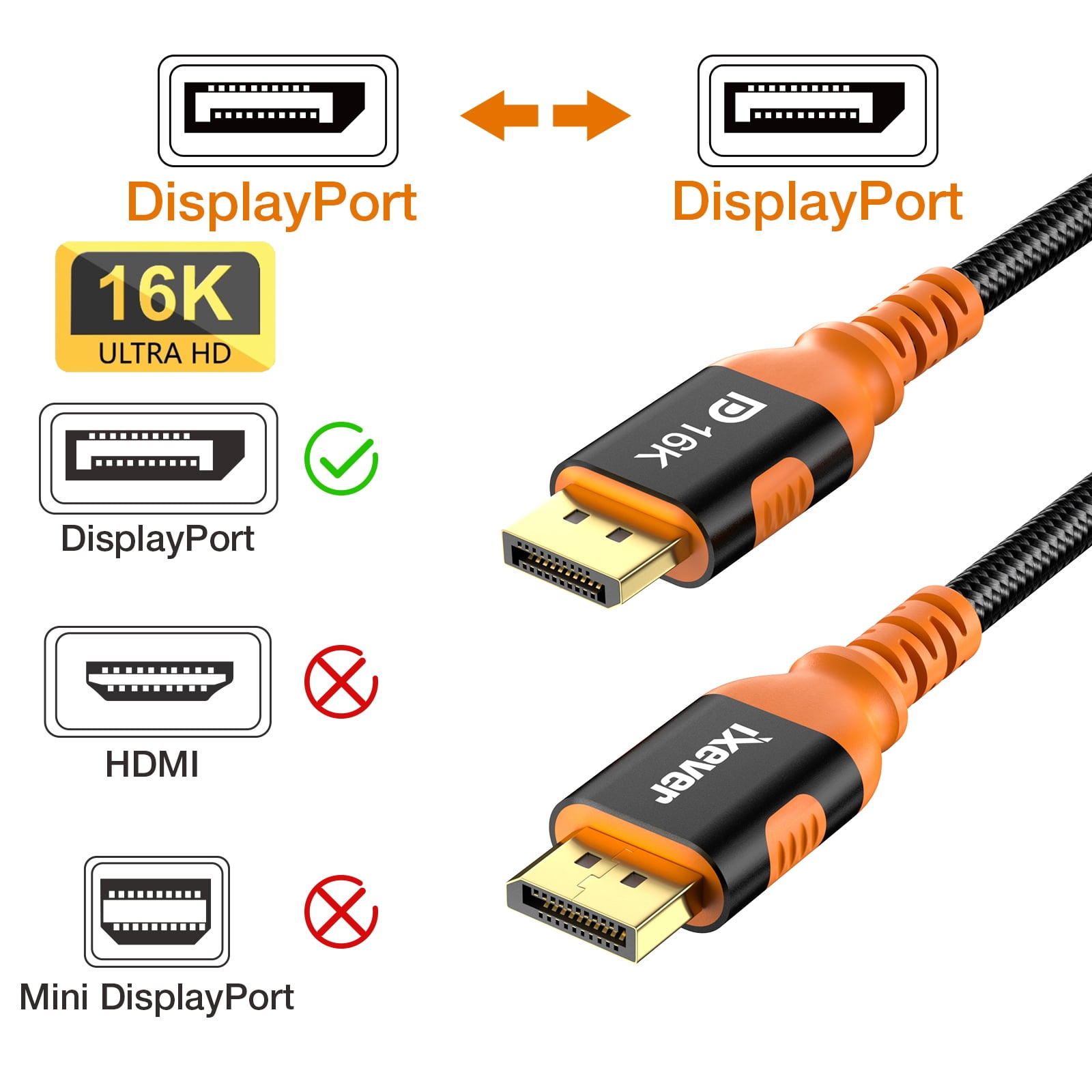 IXEVER DisplayPort Cable 2.1 DP2.0 80Gbps Support 16K@60Hz 8K@120Hz 4K@240Hz HDR10, HDCP, DSC 1.2a, Braided Display Port Cable Cord Compatible FreeSync G-Sync Video Card Monitor, 10FT