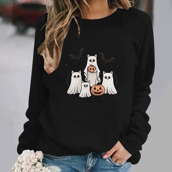 DIOAZUD Womens Halloween Sweatshirts Plus Size Ghost Print Pullovers Soft Holiday Round Neck Long Sleeve Sweater Tops Halloween Costumes Black S-XXL