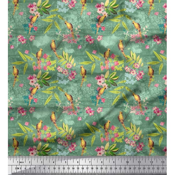 Soimoi Velvet Fabric Leaves,Floral & Yellow Cardinal Bird Print Fabric by The Yard 58 Inch Wide