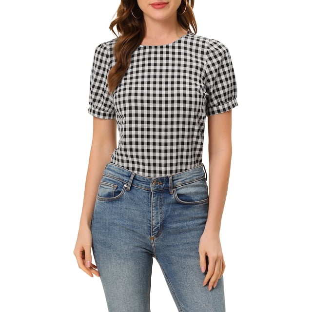 INSPIRAR CHIC Blusas de Cuello Redondo de Manga Corta con Volantes de Gingham Vintage para Mujeres 2XL Negro
