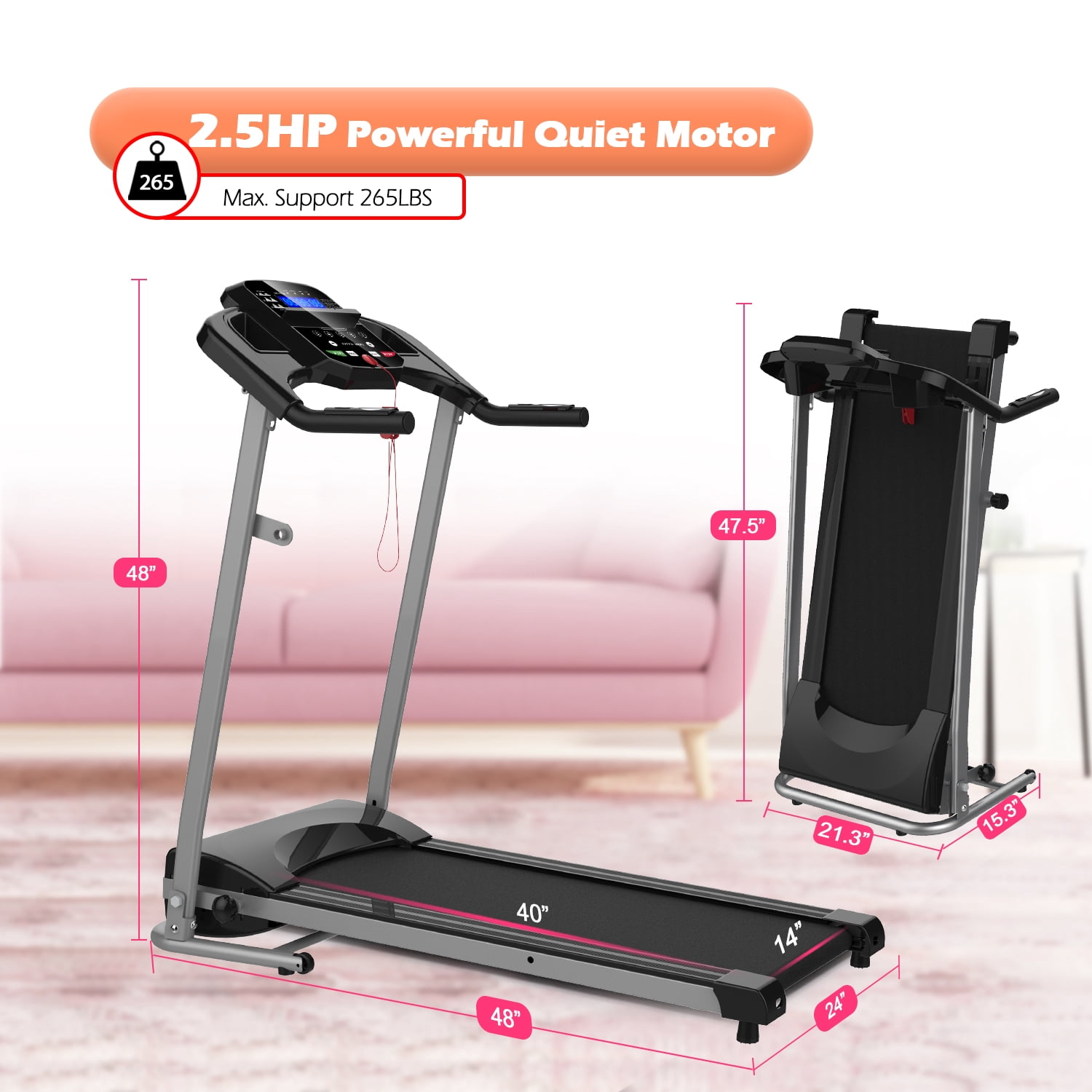 FLIMDER Foldable Treadmills for Home, 2.5HP Quiet Brushless, 7.5 MPH, Electric Running Machine For Home Office, Walking Running Exercise Treadmill with Heart Rate Sensor and LCD Display