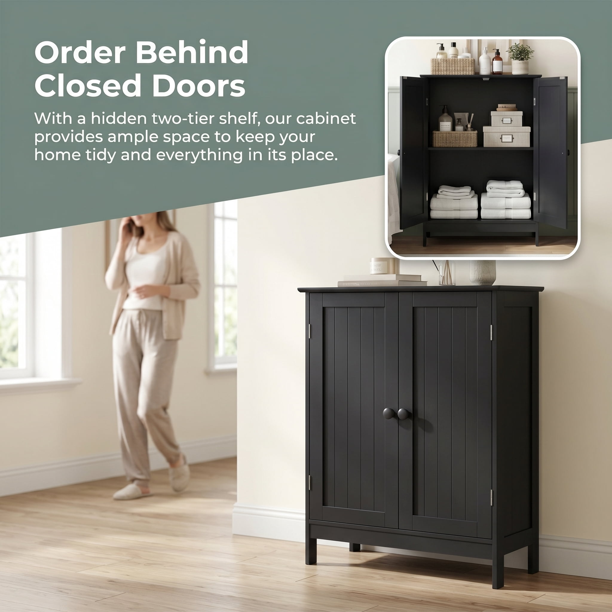 Kadyn Bathroom Cabinet, Storage Cabinet, Bathroom Storage Unit,2-Door Freee-Standing Bathroom Cabinet with Shelf-Black