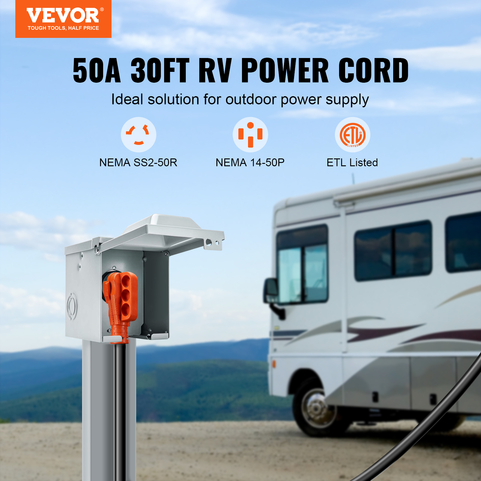 VEVOR 30ft 50A RV Extension Cord, Heavy Duty STW 6/3 + 8/1 Generator Power Cord, NEMA 14-50P/NEMA SS2-50R, with LED Indicator Handle 15A Adapter for RVs, generators, campers, ETL Listed, 125/250V