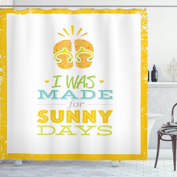 Flip Flop Shower Curtain, I Was Made For Summer Days Quote with the Yellow Background and Grunge Effect, Fabric Bathroom Set with Hooks, 69W X 84L Inches Extra Long, Multicolor, by Ambesonne